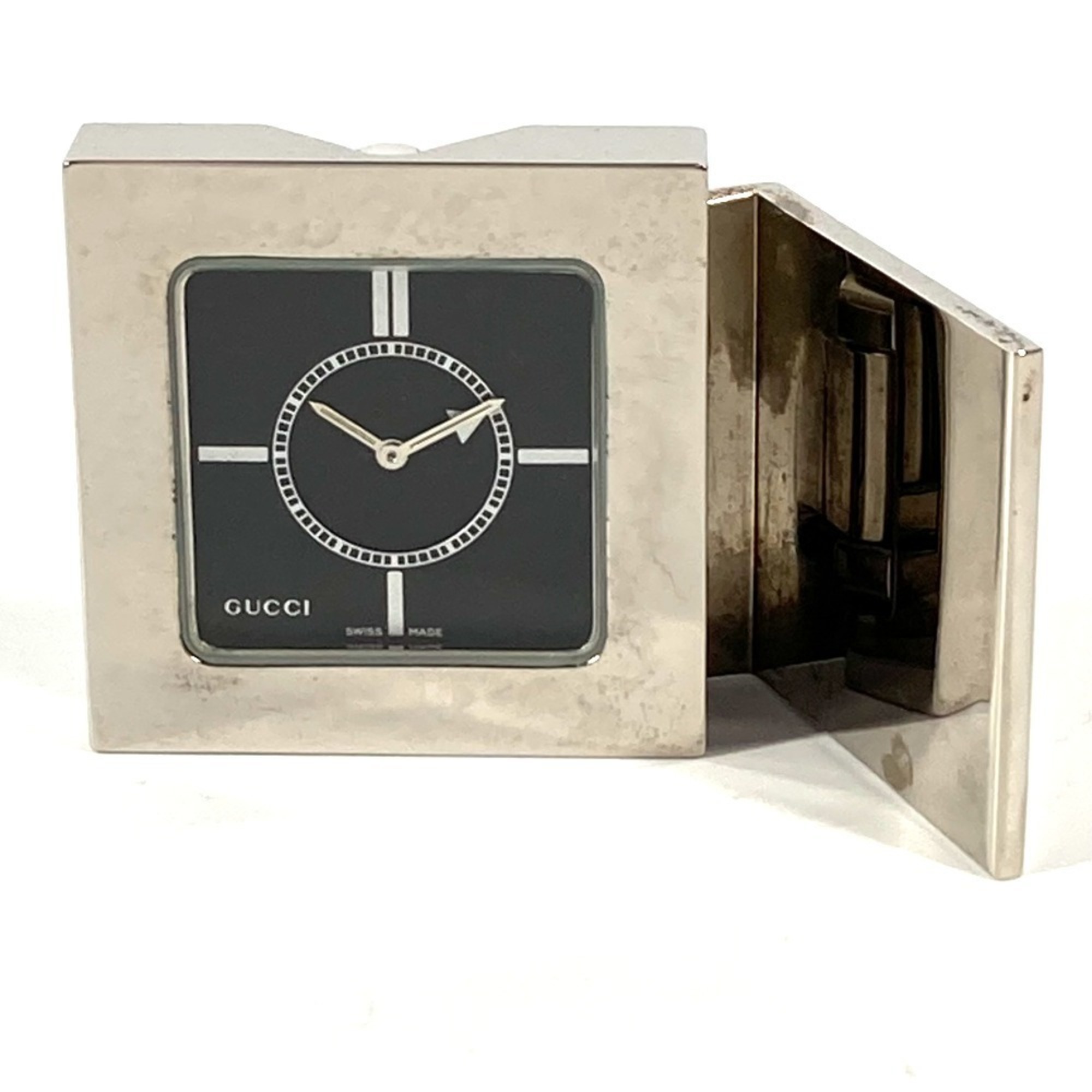 Gucci Ref0840 Logo Travel Watch Interior Table Clock Ss Men's Women's Silver